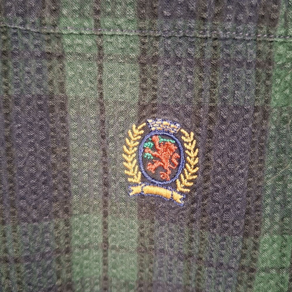 VTG 90s Tommy Hilfiger Seersucker Plaid Shirt Men L Green Navy Blue Blackwatch - Picture 5 of 9